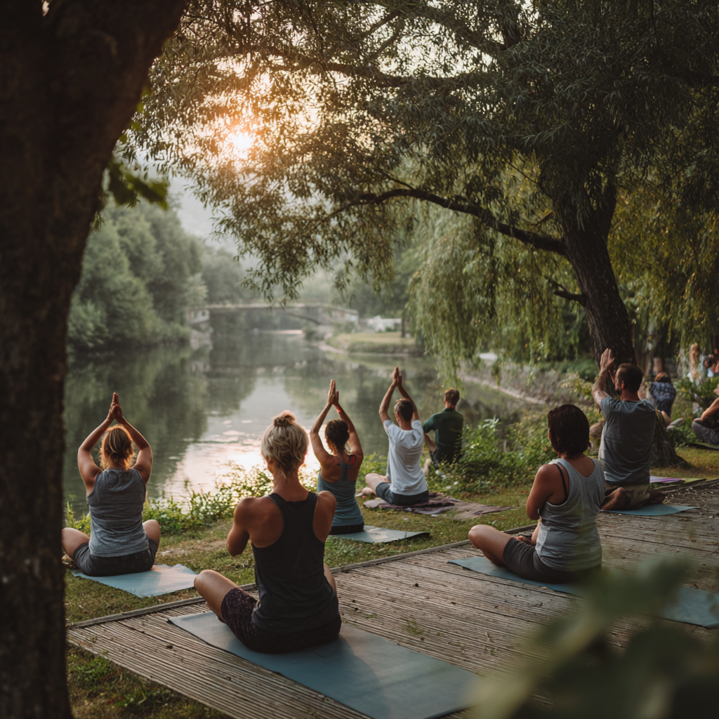 Grup de adulți de diferite vârste din România zâmbind după o sesiune de yoga în grup, îmbrăcați casual și relaxați în studio